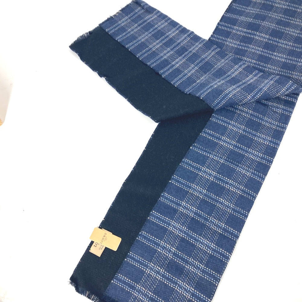 LOEWE Scarf wool blue Anagram Check Fringe unisex(Unisex) Used Authentic
