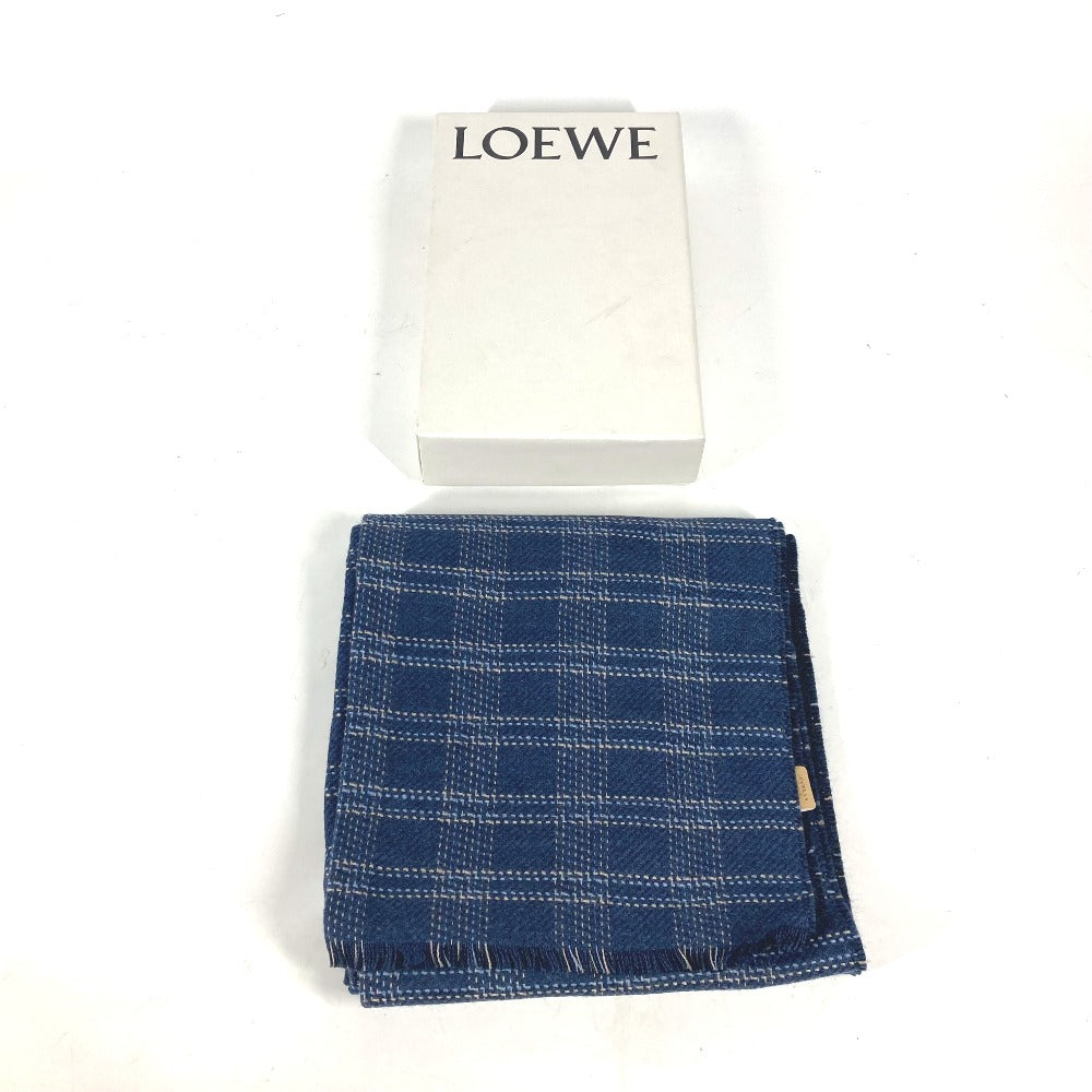 LOEWE Scarf wool blue Anagram Check Fringe unisex(Unisex) Used Authentic