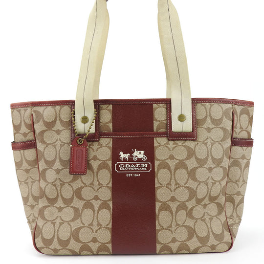 COACH Tote Bag 70072 PVC, Leather Brown Heritage stripe Women Used Authentic