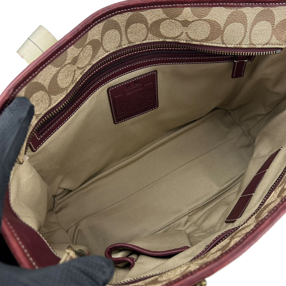 COACH Tote Bag 70072 PVC, Leather Brown Heritage stripe Women Used Authentic