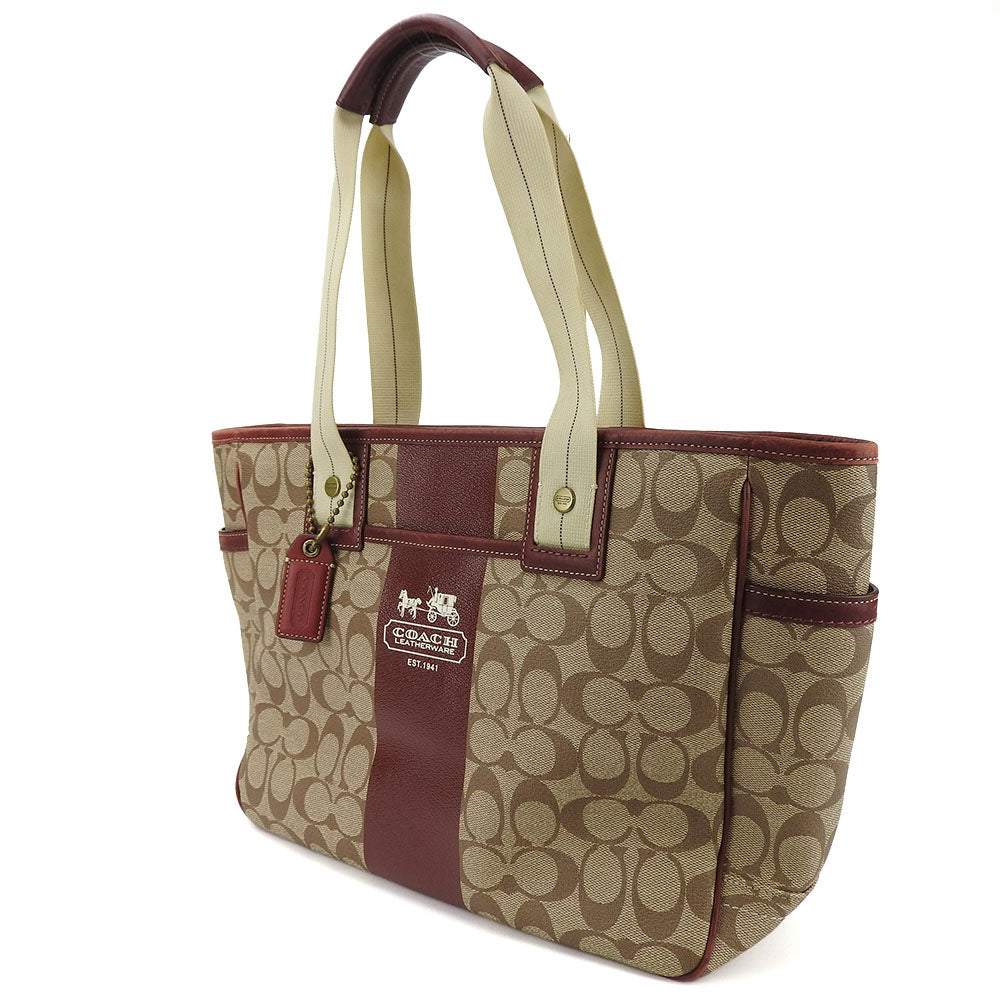 COACH Tote Bag 70072 PVC, Leather Brown Heritage stripe Women Used Authentic