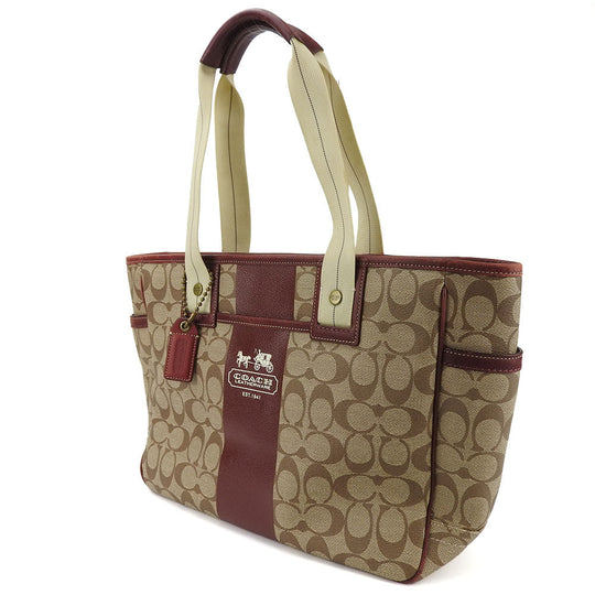 COACH Tote Bag 70072 PVC, Leather Brown Heritage stripe Women Used Authentic