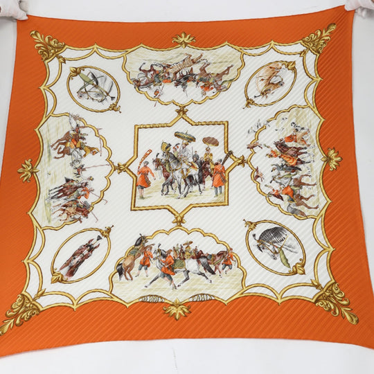 HERMES scarf silk Orange Pleated scarf Mughal horse LES CHEVAUX DES MOGHOLS unisex(Unisex) Used Authentic