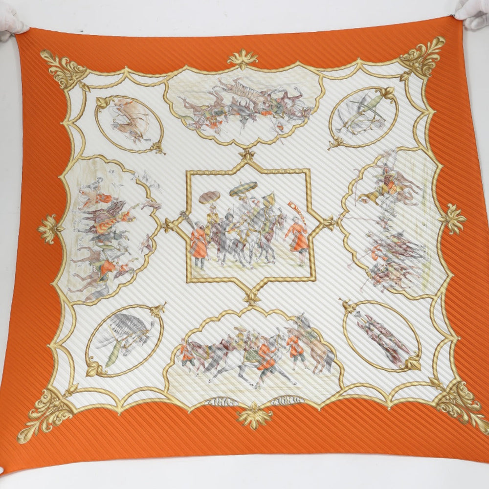 HERMES scarf silk Orange Pleated scarf Mughal horse LES CHEVAUX DES MOGHOLS unisex(Unisex) Used Authentic