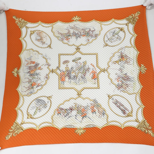 HERMES scarf silk Orange Pleated scarf Mughal horse LES CHEVAUX DES MOGHOLS unisex(Unisex) Used Authentic