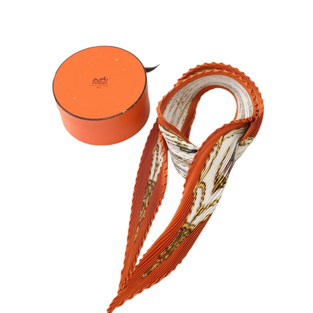 HERMES scarf silk Orange Pleated scarf Mughal horse LES CHEVAUX DES MOGHOLS unisex(Unisex) Used Authentic