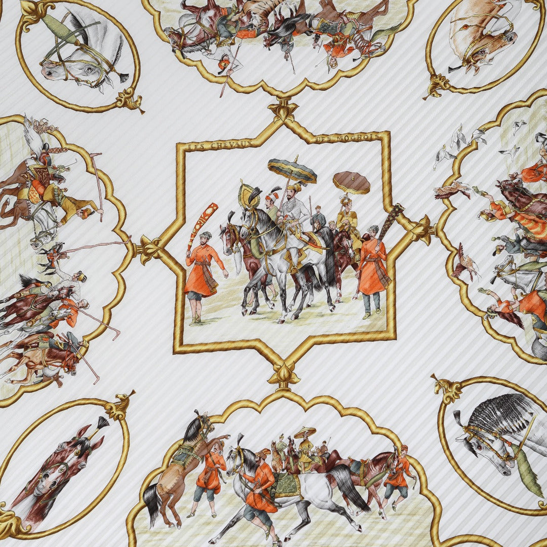 HERMES scarf silk Orange Pleated scarf Mughal horse LES CHEVAUX DES MOGHOLS unisex(Unisex) Used Authentic