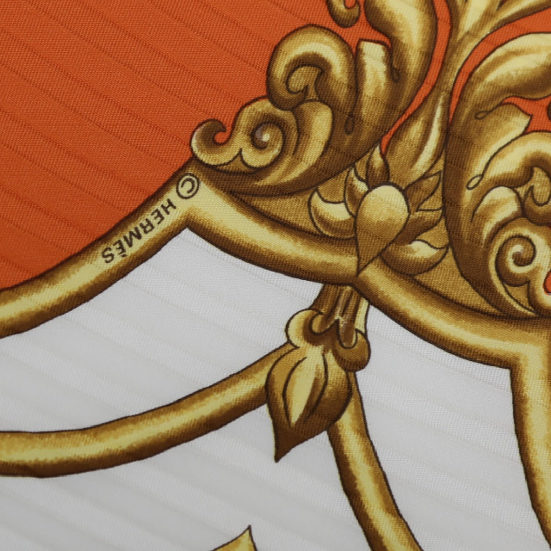 HERMES scarf silk Orange Pleated scarf Mughal horse LES CHEVAUX DES MOGHOLS unisex(Unisex) Used Authentic