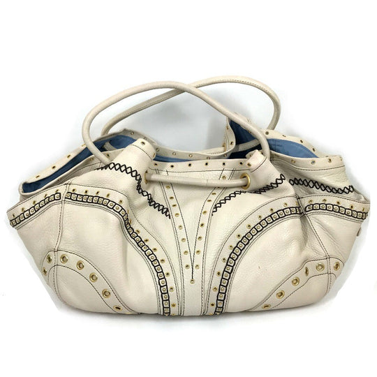 COLE HAAN Tote Bag leather White (Ivory) Studs Pleated Women Used Authentic