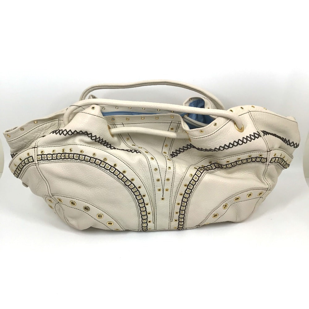COLE HAAN Tote Bag leather White (Ivory) Studs Pleated Women Used Authentic