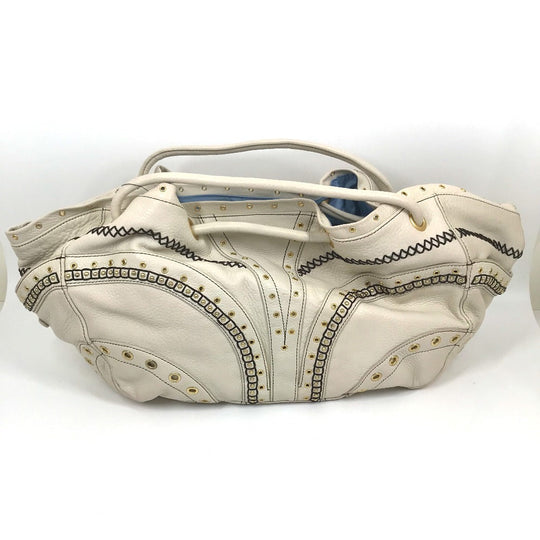 COLE HAAN Tote Bag leather White (Ivory) Studs Pleated Women Used Authentic