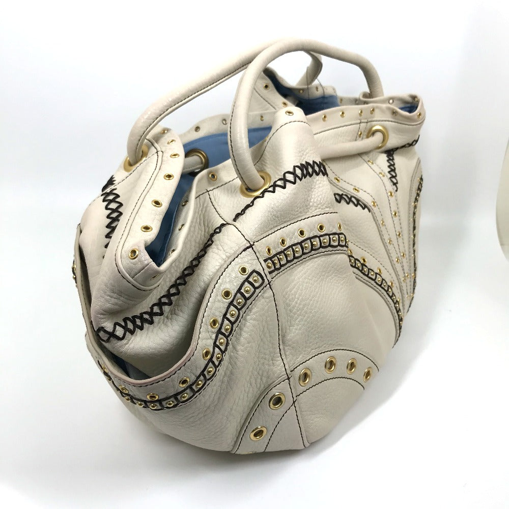 COLE HAAN Tote Bag leather White (Ivory) Studs Pleated Women Used Authentic