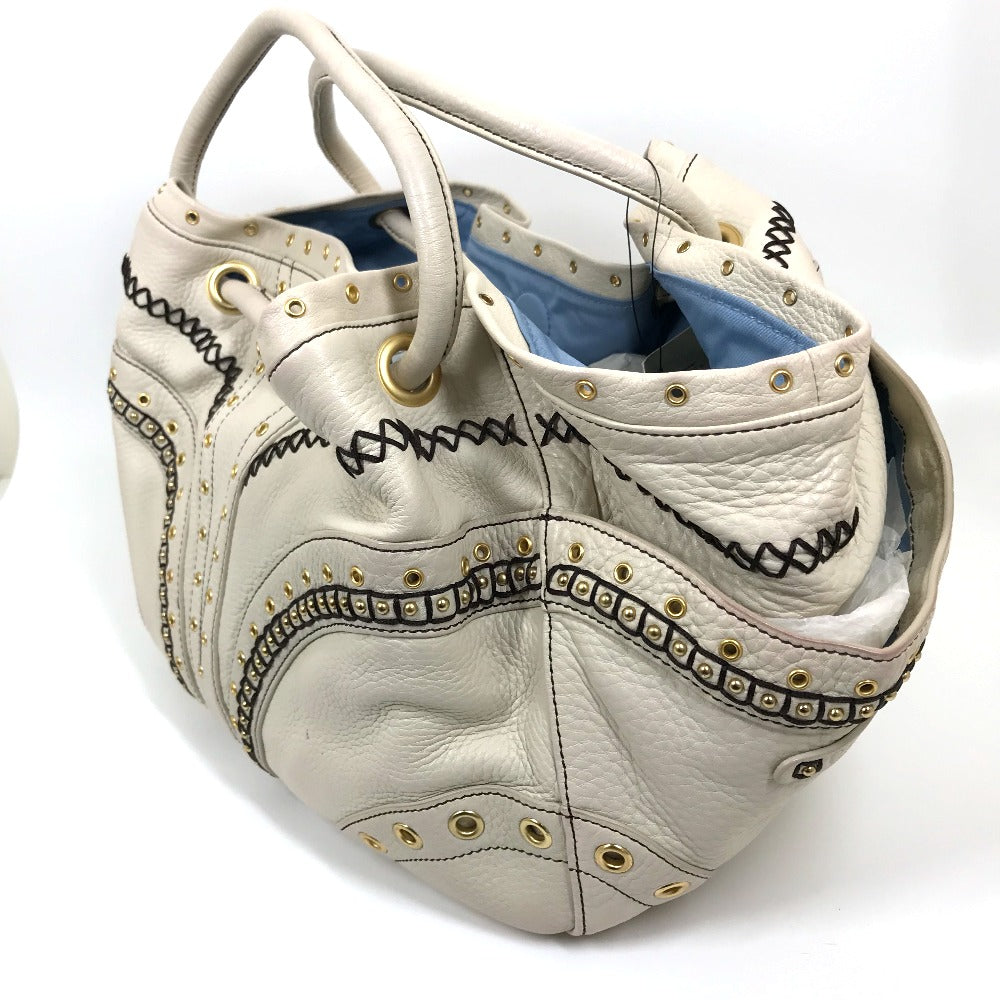 COLE HAAN Tote Bag leather White (Ivory) Studs Pleated Women Used Authentic