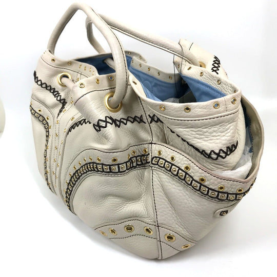 COLE HAAN Tote Bag leather White (Ivory) Studs Pleated Women Used Authentic