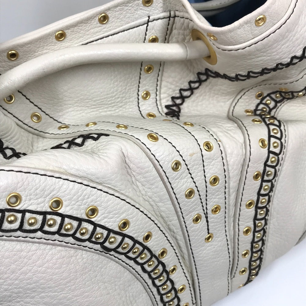 COLE HAAN Tote Bag leather White (Ivory) Studs Pleated Women Used Authentic