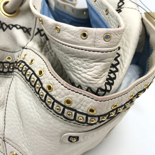 COLE HAAN Tote Bag leather White (Ivory) Studs Pleated Women Used Authentic