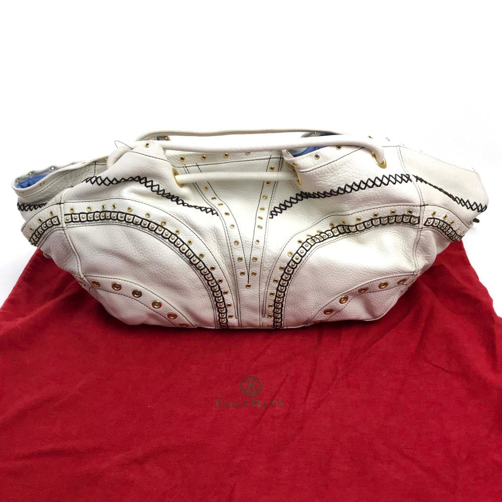 COLE HAAN Tote Bag leather White (Ivory) Studs Pleated Women Used Authentic