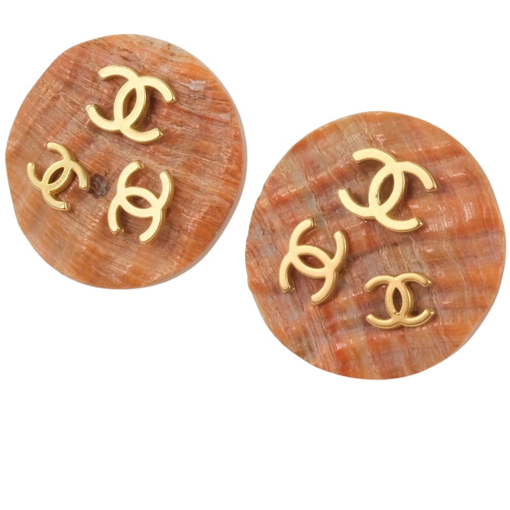 CHANEL Earring Shell, Plated Gold beige COCO Mark Women Used Authentic