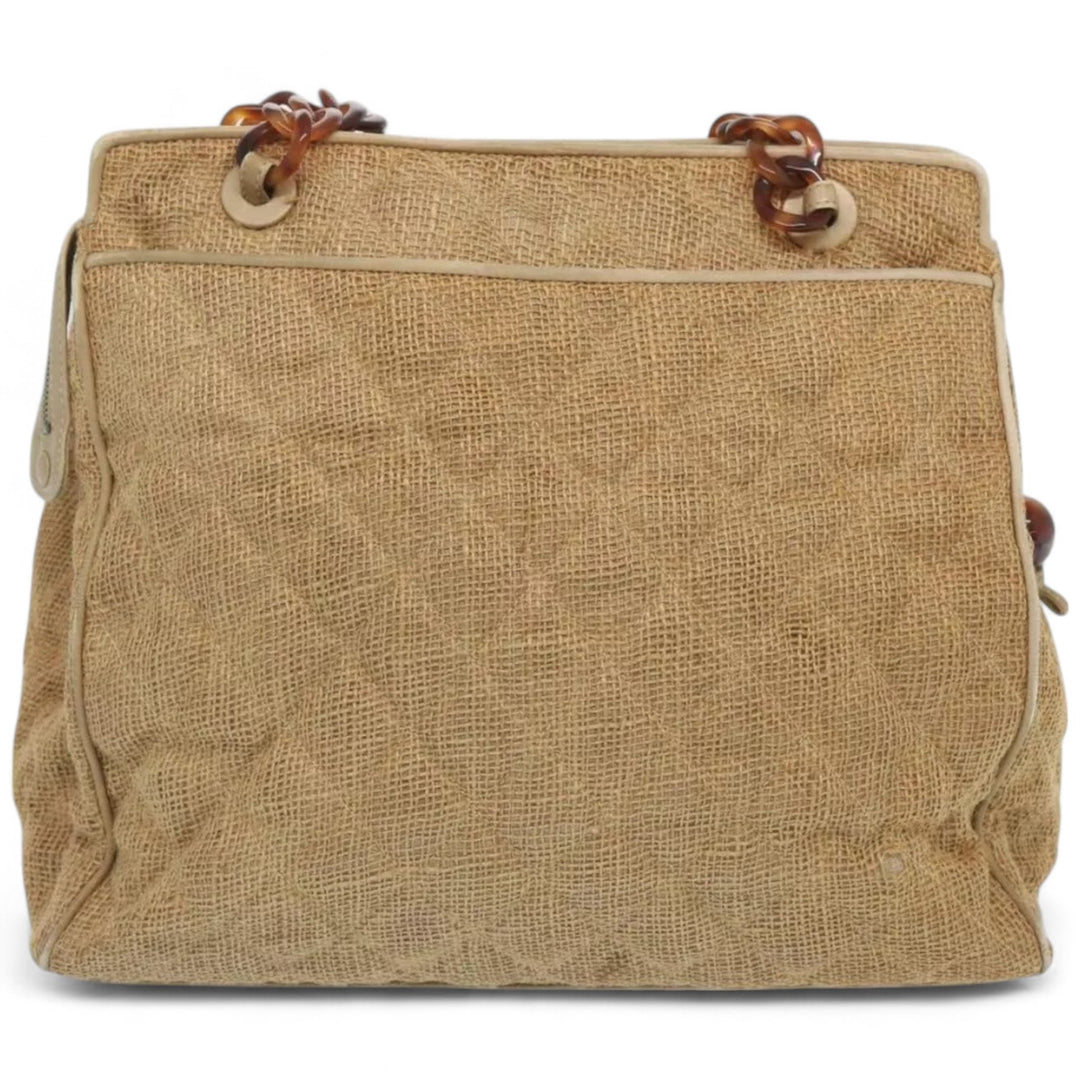 Chanel Matelasse Tote Bag Straw Brown CC Auth Quilted Chain Strap