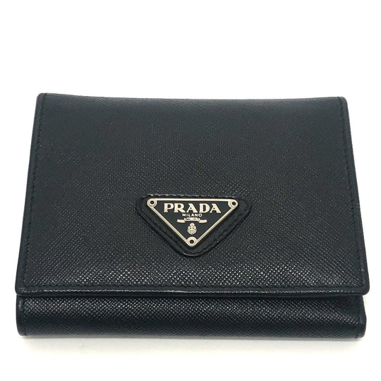 PRADA Trifold wallet M176A Safiano leather black triangle plate Women Used Authentic