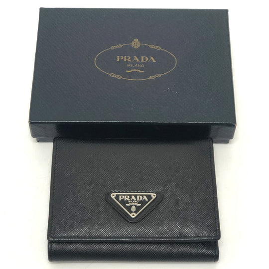 PRADA Trifold wallet M176A Safiano leather black triangle plate Women Used Authentic