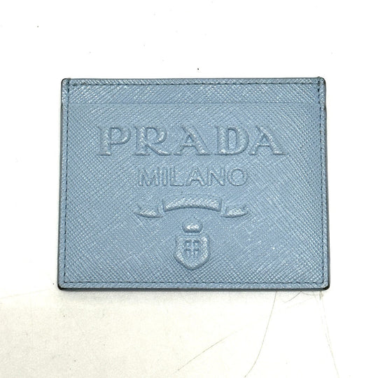 PRADA Card Case 1MC025 Safiano leather Light blue Embossed logo Women Used Authentic