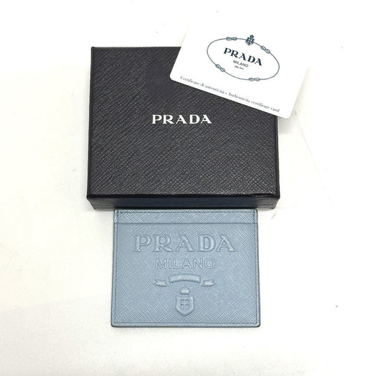 PRADA Card Case 1MC025 Safiano leather Light blue Embossed logo Women Used Authentic