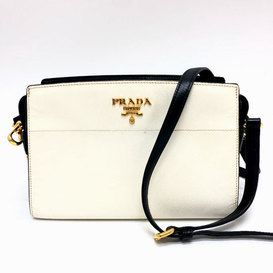 PRADA Shoulder Bag 1BH104 Safiano leather White / black logo Women Used Authentic
