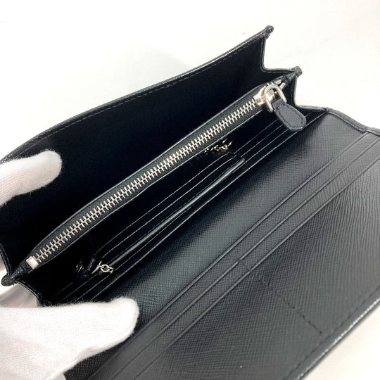 PRADA Folded wallet 1MH132 Nylon canvas, leather black Long Wallet Business Card Case Triangle logo plate Women Used Authentic