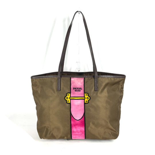 PRADA Tote Bag Nylon, Velour khaki Shoulder Bag logo Tessuto Women Used Authentic
