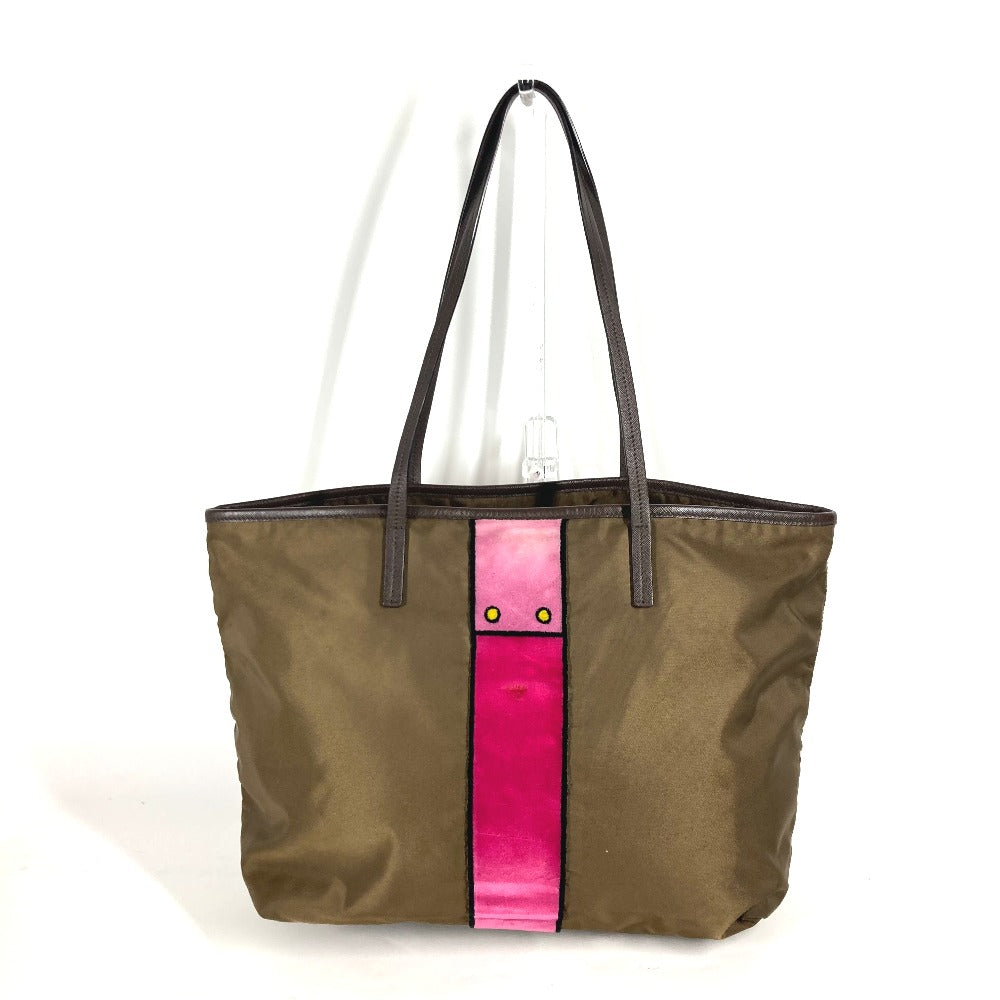 PRADA Tote Bag Nylon, Velour khaki Shoulder Bag logo Tessuto Women Used Authentic
