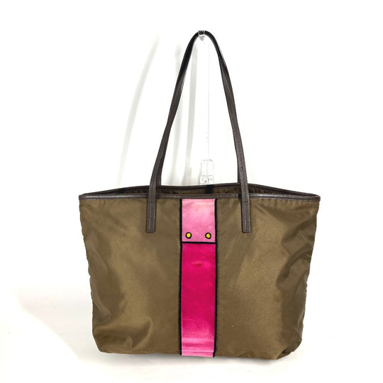 PRADA Tote Bag Nylon, Velour khaki Shoulder Bag logo Tessuto Women Used Authentic