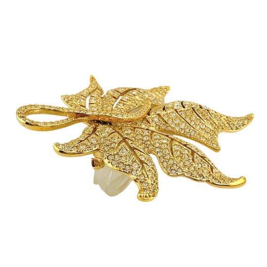 Christian Dior Brooch metal gold rotating pin type Leaf motif Light stone unisex(Unisex) Used Authentic