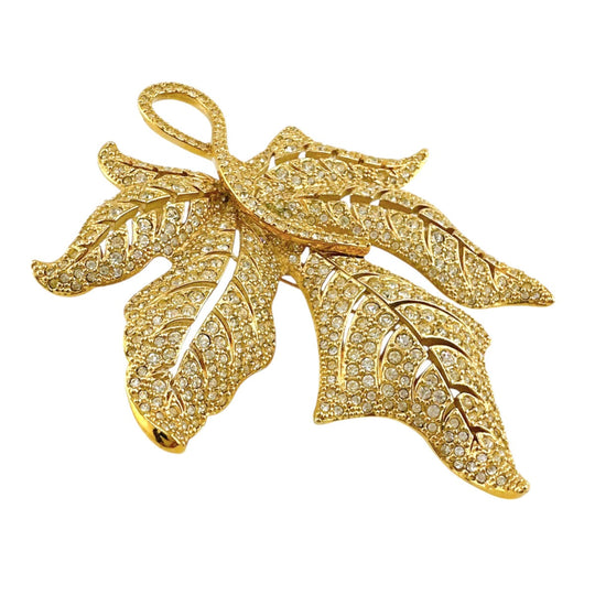 Christian Dior Brooch metal gold rotating pin type Leaf motif Light stone unisex(Unisex) Used Authentic