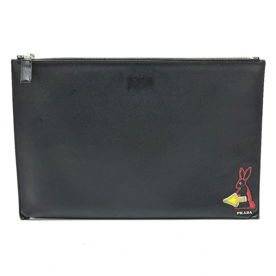 PRADA Clutch bag 2NG001 Safiano leather black logo rabbit mens Used Authentic