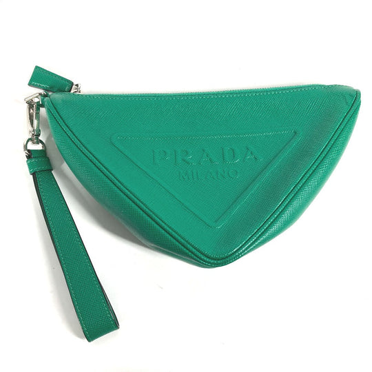 PRADA Clutch bag 2NE054 Safiano leather green Embossed logo Triangle logo plate mens Used Authentic