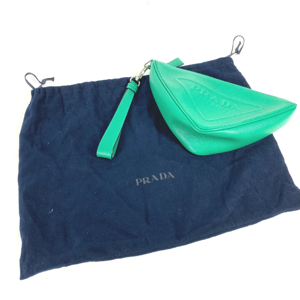 PRADA Clutch bag 2NE054 Safiano leather green Embossed logo Triangle logo plate mens Used Authentic