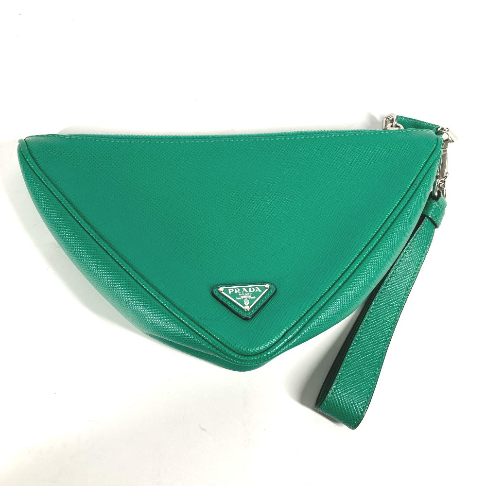 PRADA Clutch bag 2NE054 Safiano leather green Embossed logo Triangle logo plate mens Used Authentic
