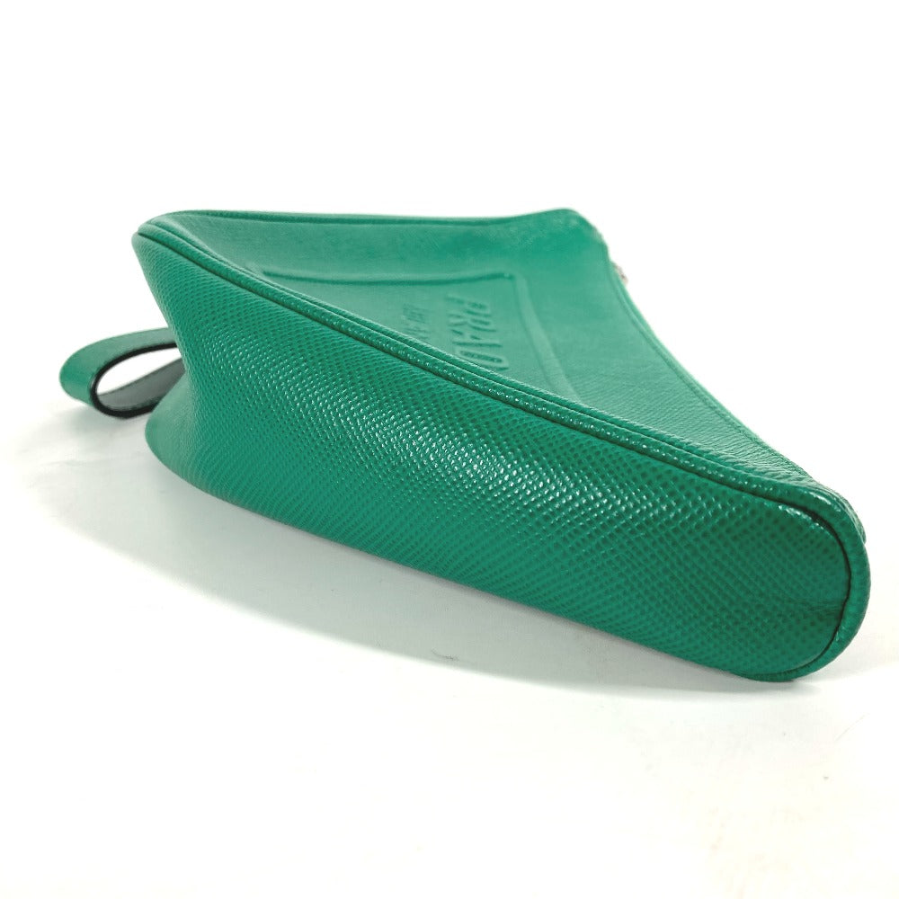 PRADA Clutch bag 2NE054 Safiano leather green Embossed logo Triangle logo plate mens Used Authentic