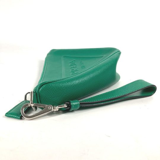 PRADA Clutch bag 2NE054 Safiano leather green Embossed logo Triangle logo plate mens Used Authentic