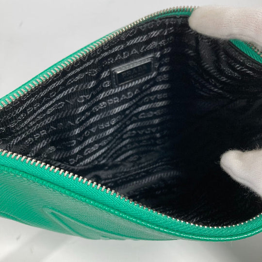 PRADA Clutch bag 2NE054 Safiano leather green Embossed logo Triangle logo plate mens Used Authentic