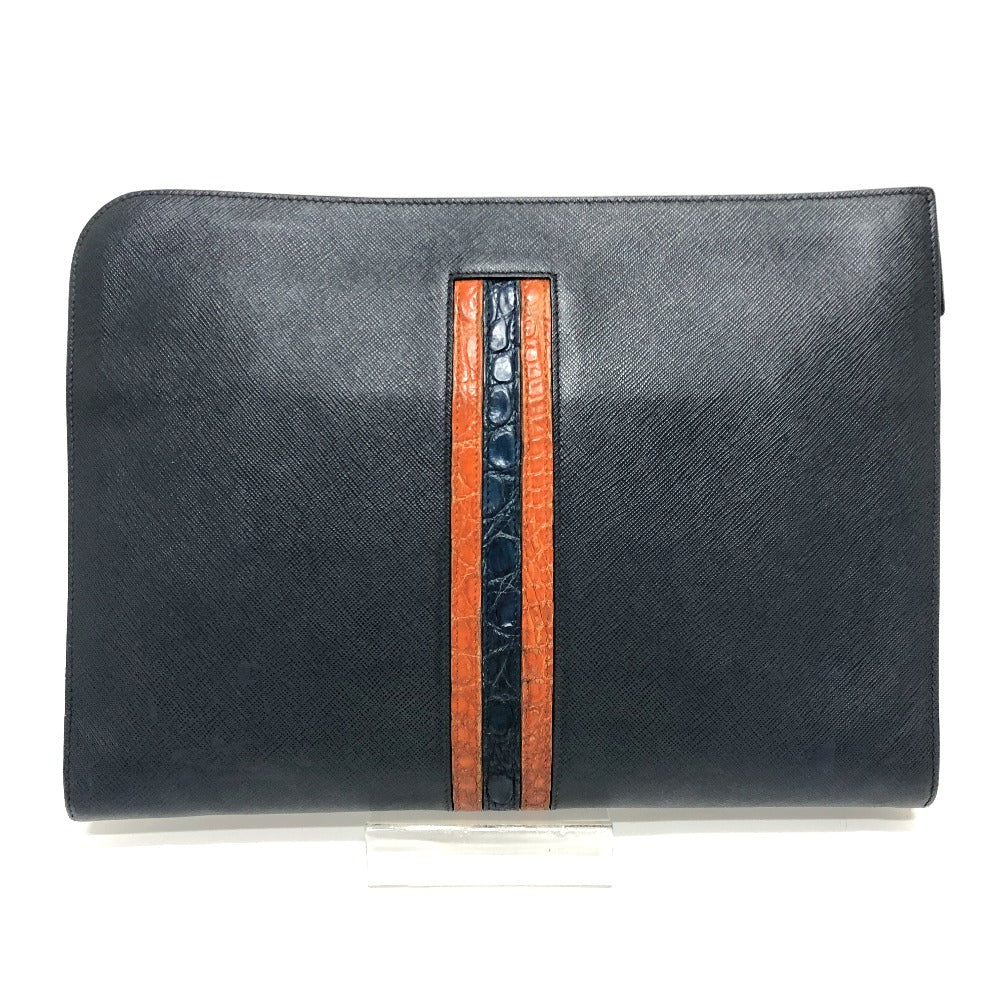 PRADA Clutch bag 2VN003 Safiano leather Navy logo mens Used Authentic