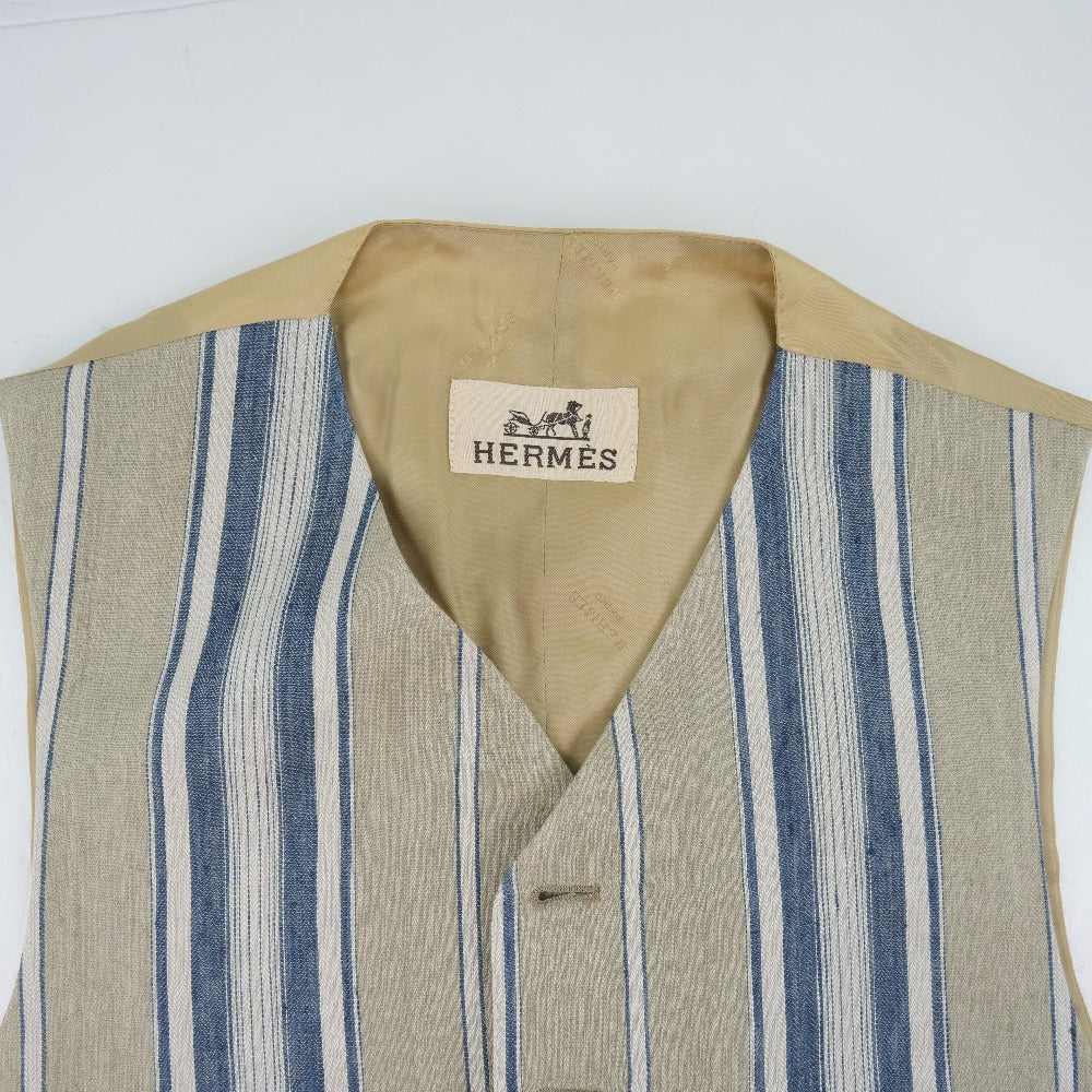 HERMES Vest Linen, Rayon beige stripe Gillet mens 48 Used Authentic