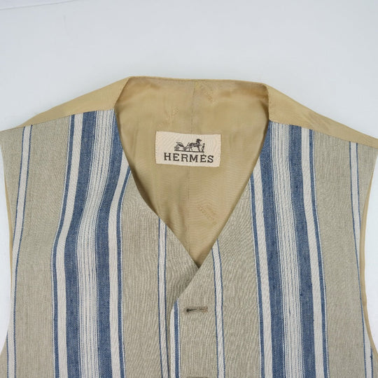HERMES Vest Linen, Rayon beige stripe Gillet mens 48 Used Authentic