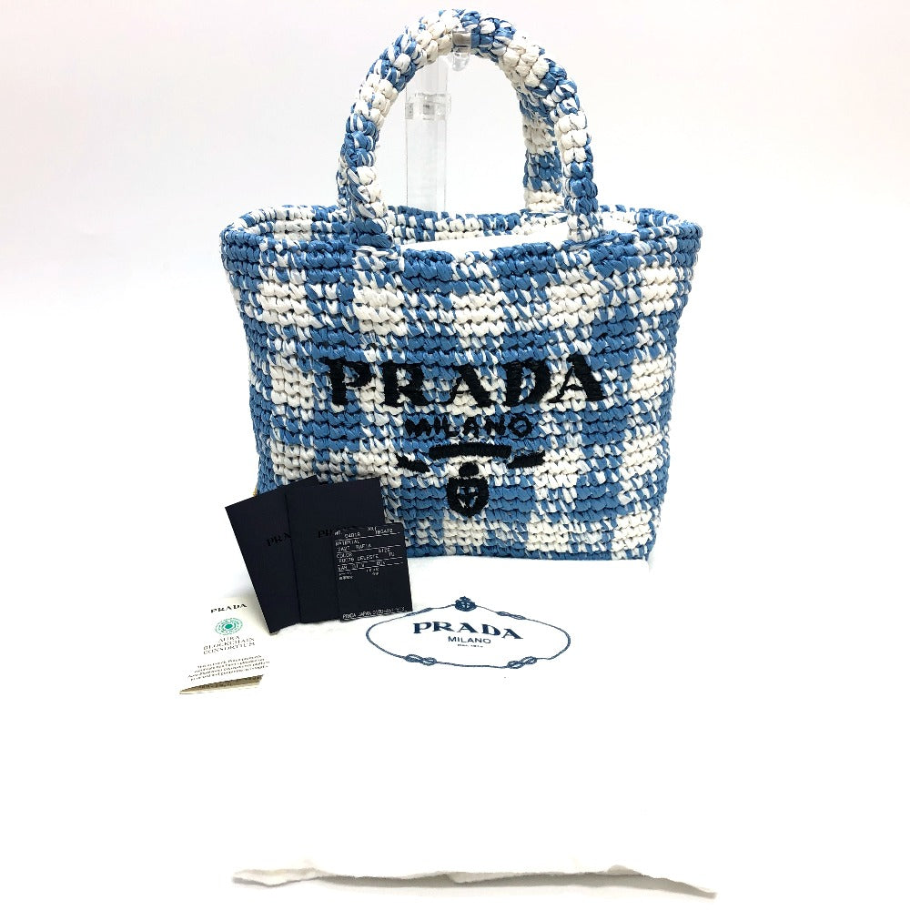 PRADA Tote Bag 1BG422 Raffia blue Small Crochet Women Used Authentic