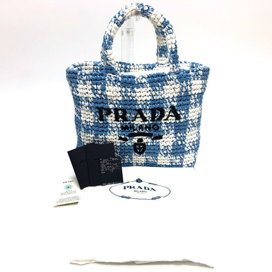 PRADA Tote Bag 1BG422 Raffia blue Small Crochet Women Used Authentic