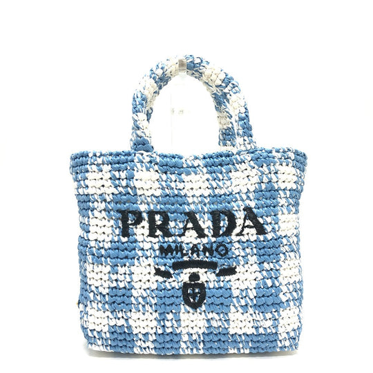 PRADA Tote Bag 1BG422 Raffia blue Small Crochet Women Used Authentic