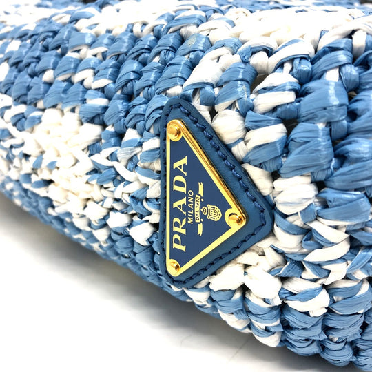 PRADA Tote Bag 1BG422 Raffia blue Small Crochet Women Used Authentic