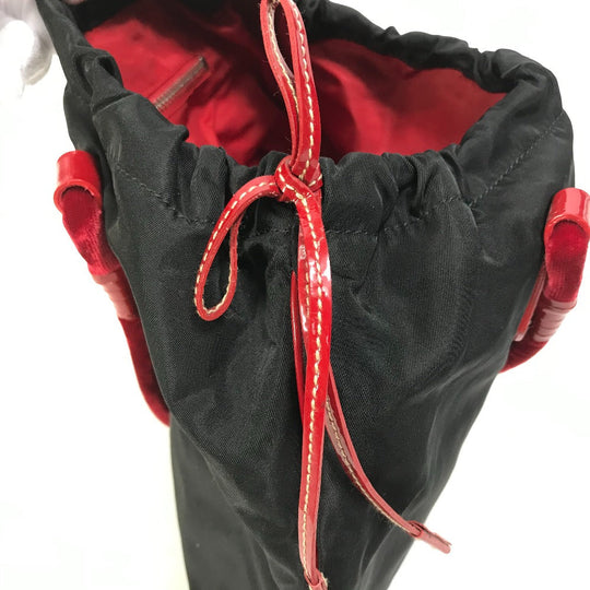 PRADA Handbag Patent leather, nylon, velour black By color logo drawstring bag triangle logo triangular logo plate Women Used Authentic