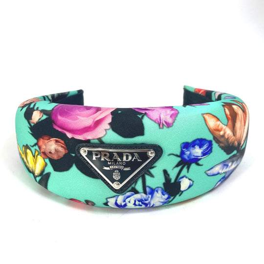 PRADA hair accessory Nylon green Flower flower pattern Triangle logo plate Women Used Authentic